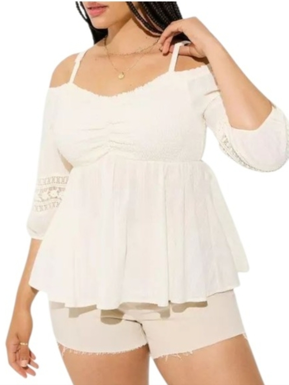 Torrid | Cream Swiss Dot Lace Of The Shoulder Top Size 00